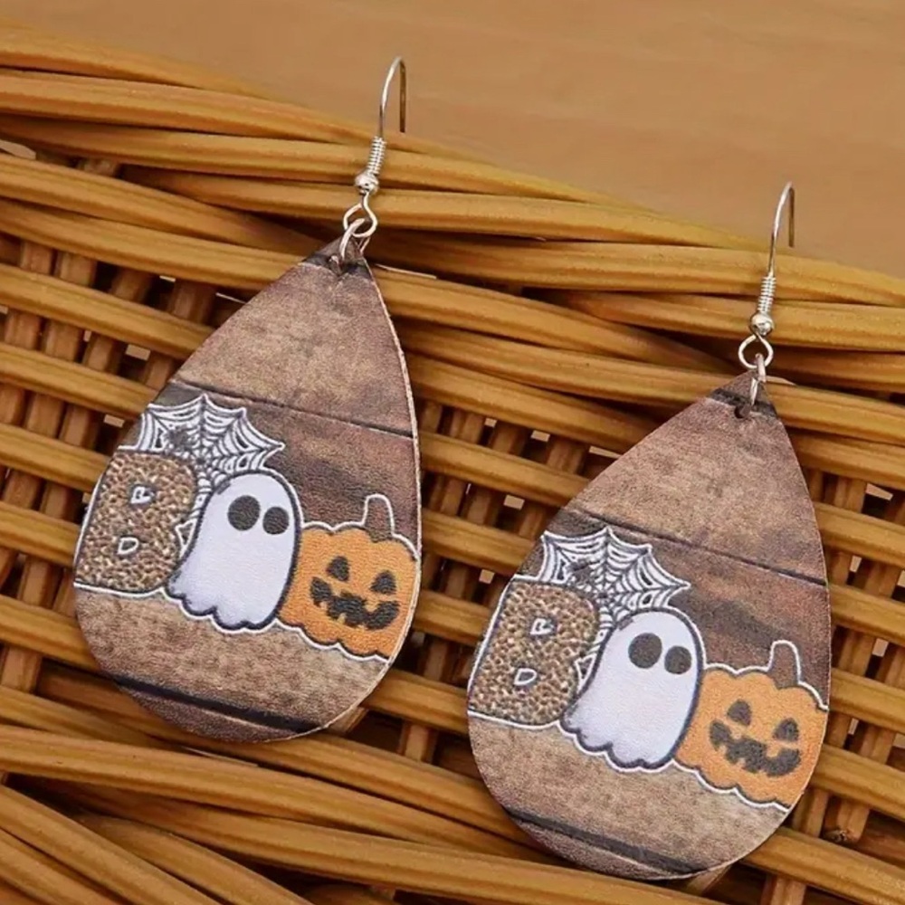 Vintage Halloween Ghost Pumpkin‎ BOO PU Leather Drop Earrings